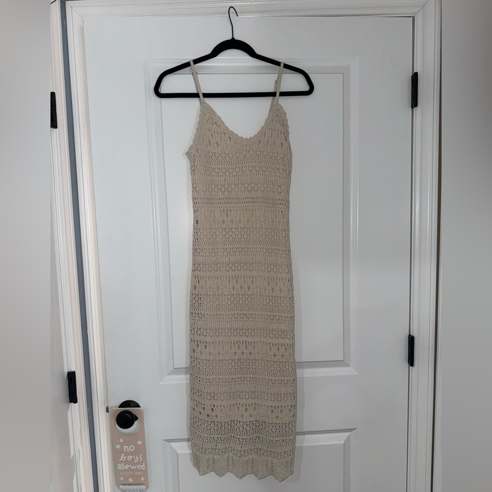 Elegant Beige Crochet Dress Small